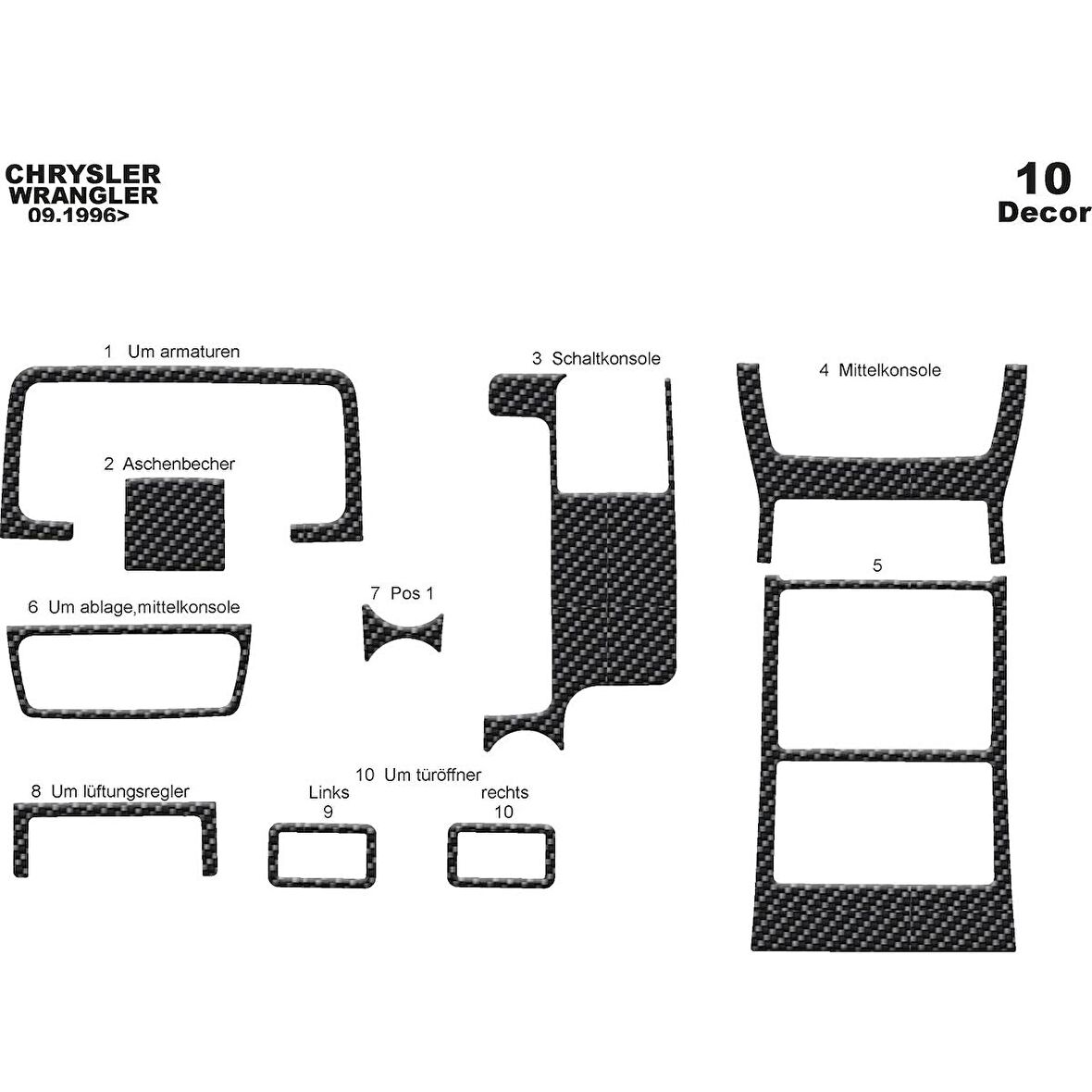 Meriç® Chrysler Wrangler Ön Torpido Kaplama 10 Parça 1996-2004