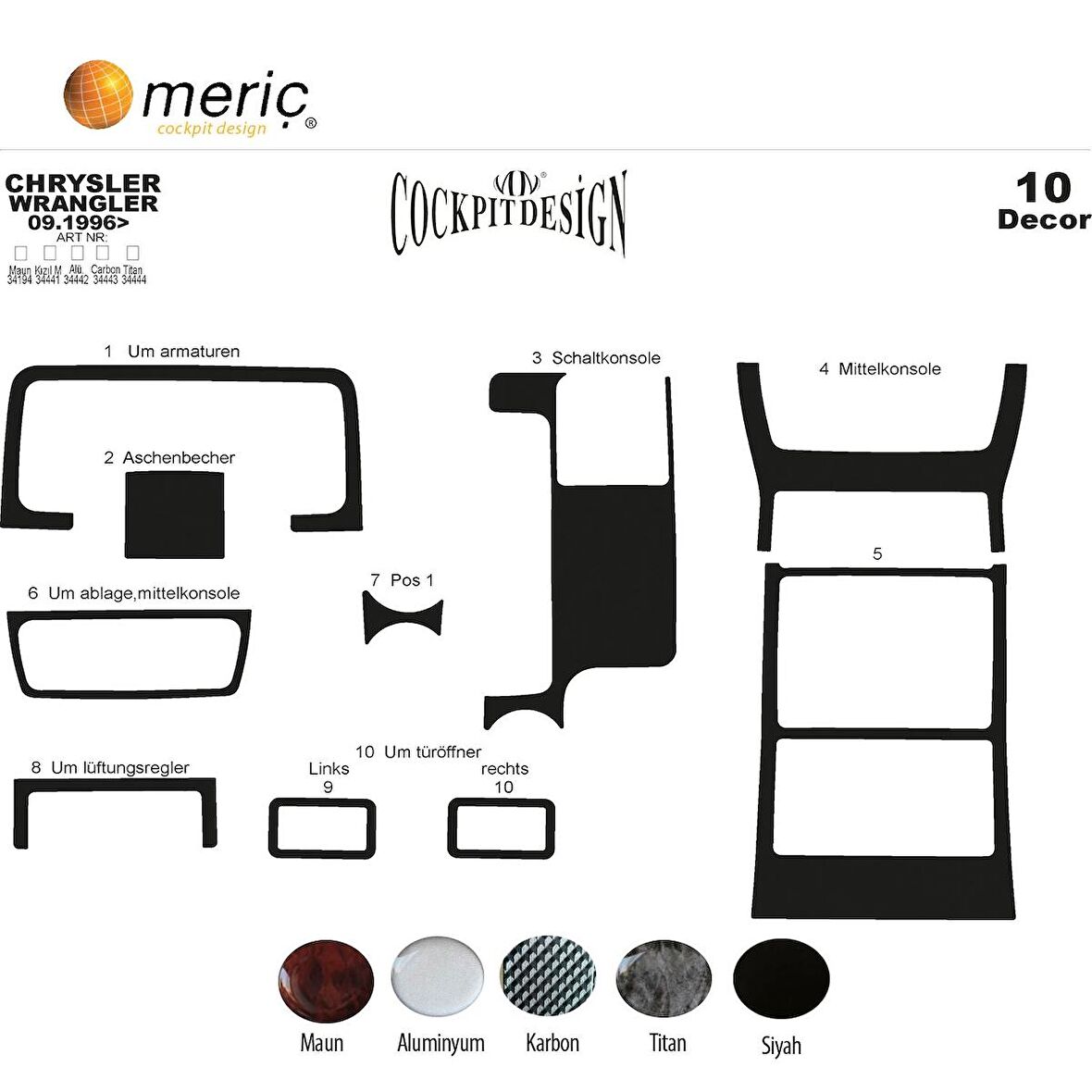 Meriç® Chrysler Wrangler Ön Torpido Kaplama 10 Parça 1996-2004