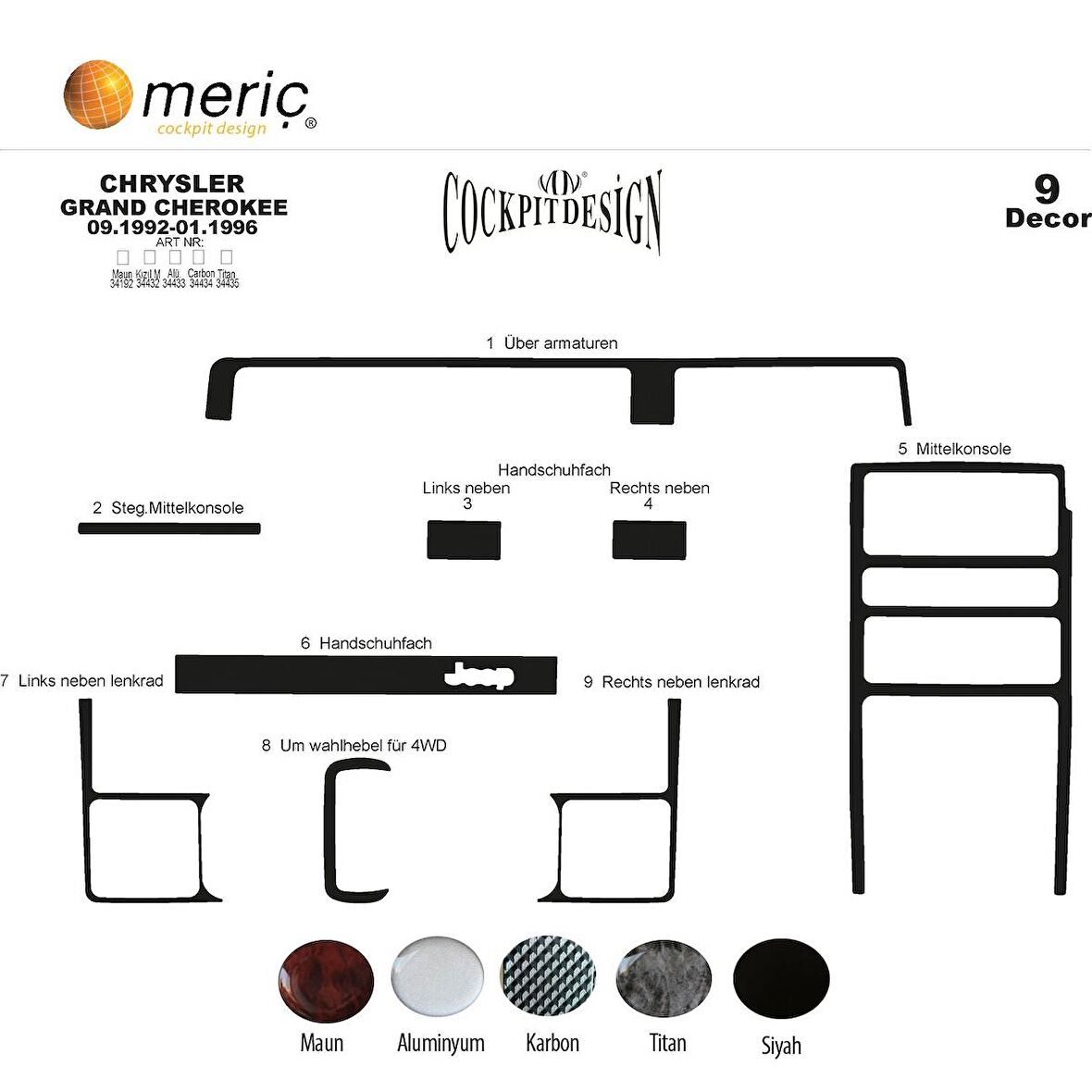 Meriç® Chrysler Grand Cherokee Ön Torpido Kaplama 9 P. 1992-1996