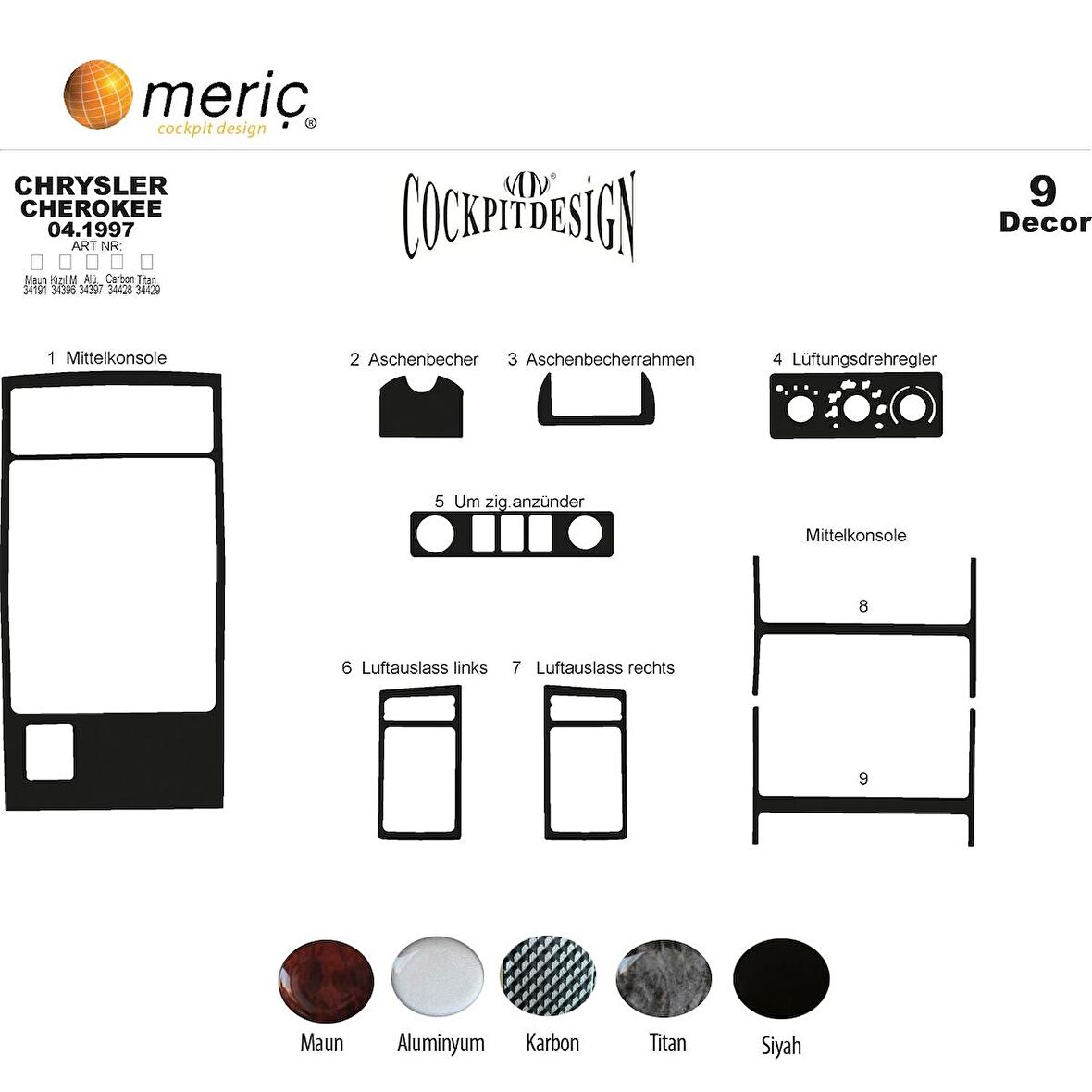 Meriç® Chrysler Cherokee Ön Torpido Kaplama 9 Parça 1997-2004
