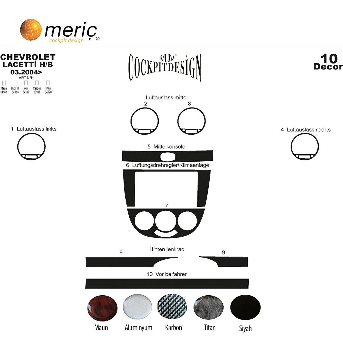 Meriç® Chevrolet Lacetti Hb Ön Torpido Kaplama 10 Parça 2004-2009