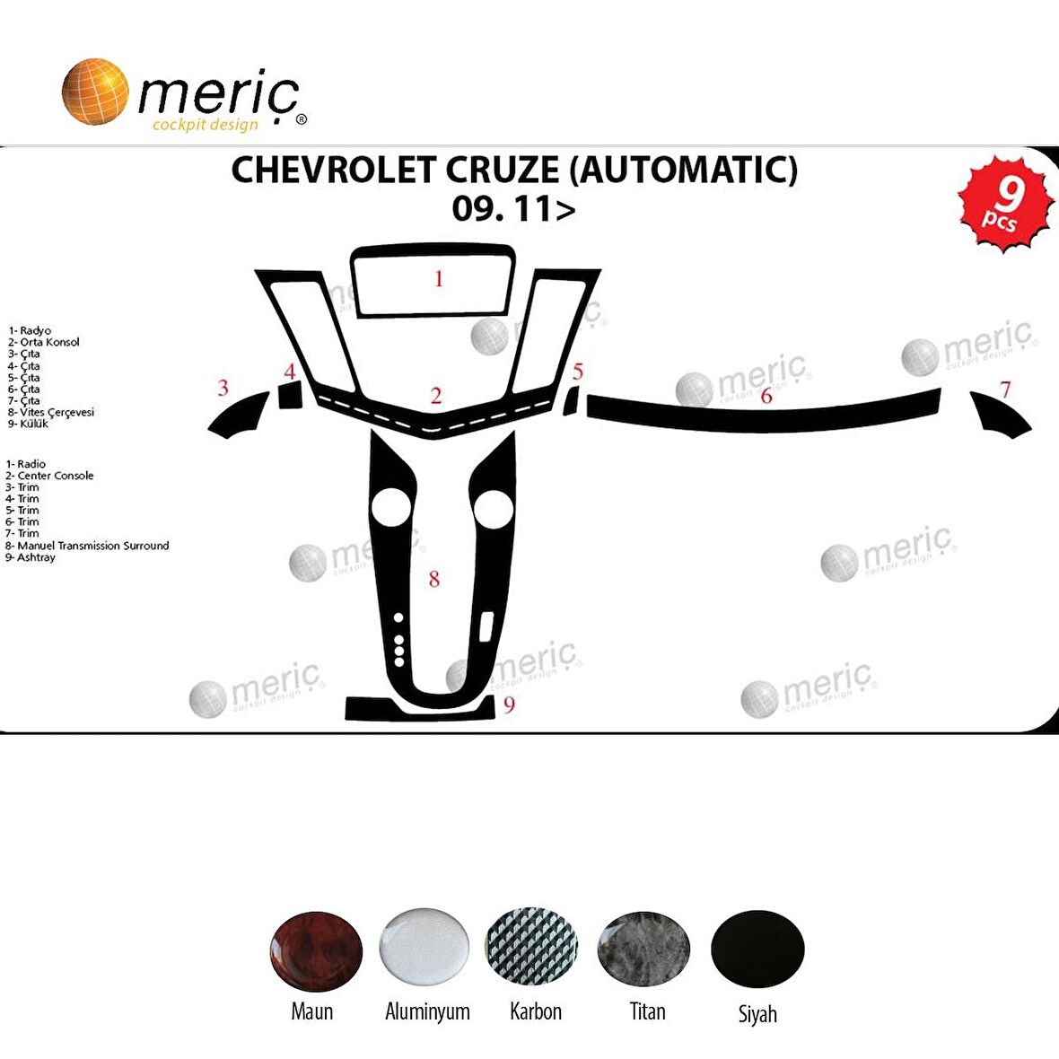 Meriç® Chevrolet Cruze Ön Torpido Kaplama (Otm) 9 Parça 2011-2016