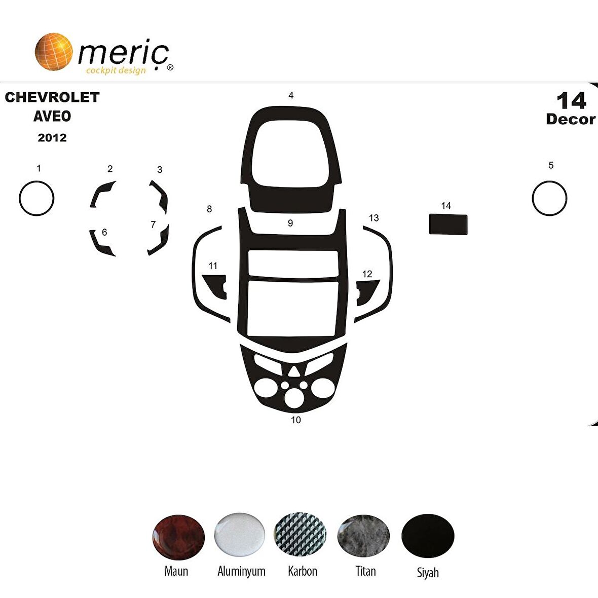 Meriç® Chevrolet Aveo Ön Torpido Kaplama 14 Parça 2012-›