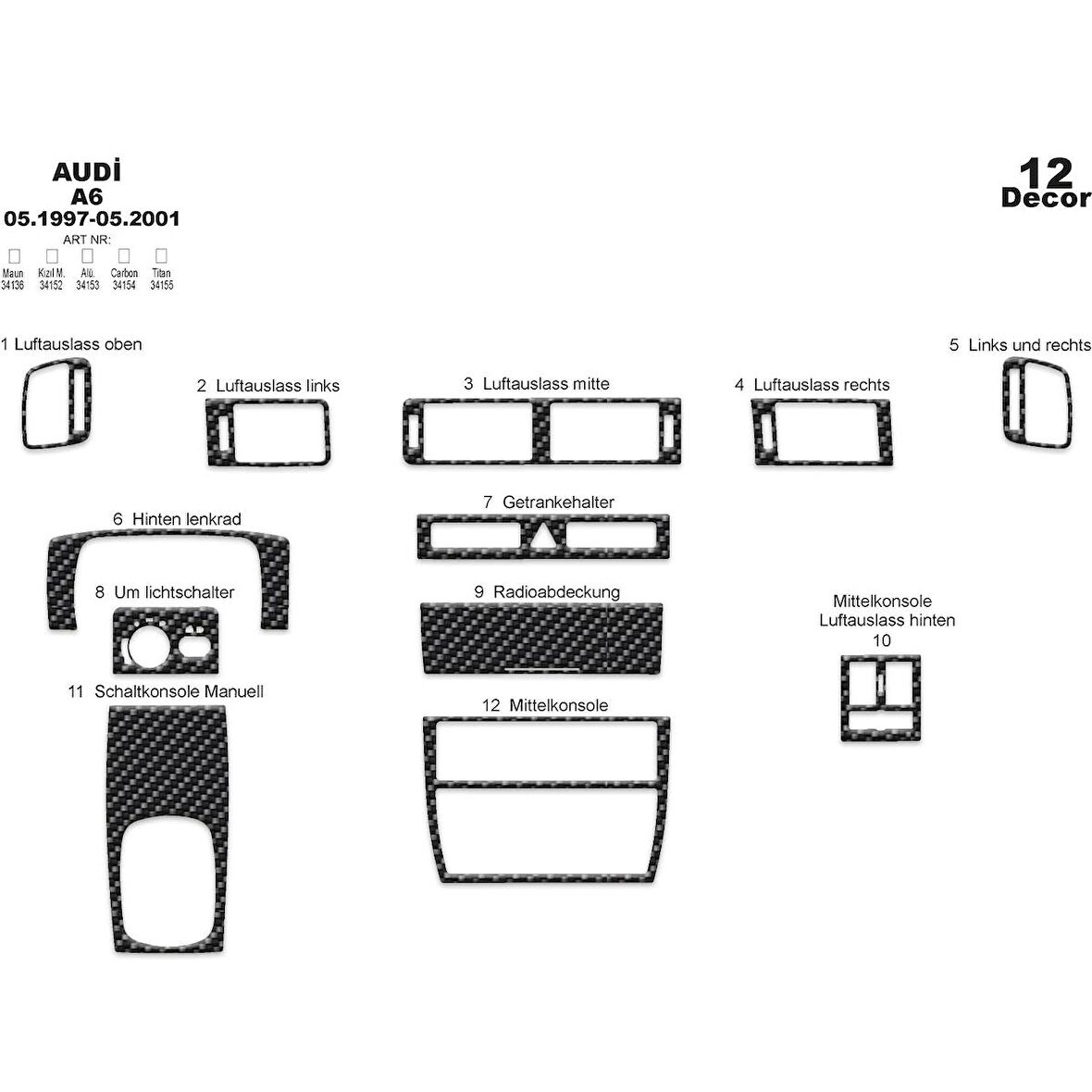 Meriç® Audi A6 Ön Torpido Kaplama 12 Parça 1997-2001