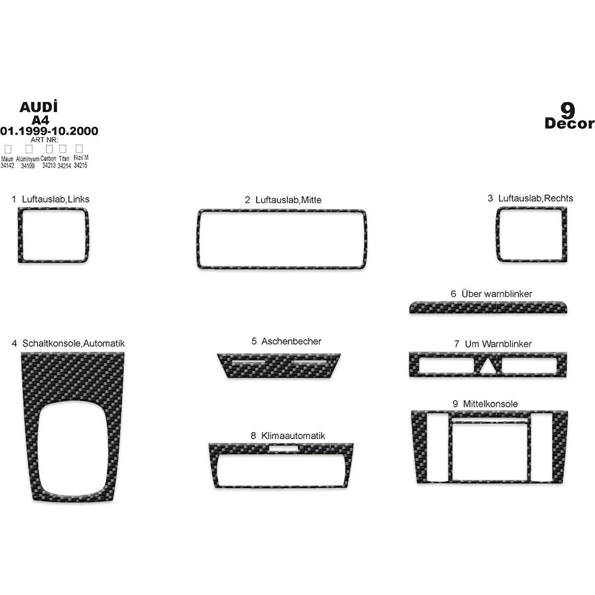 Meriç® Audi A4 Ön Torpido Kaplama 9 Parça 1999-2000