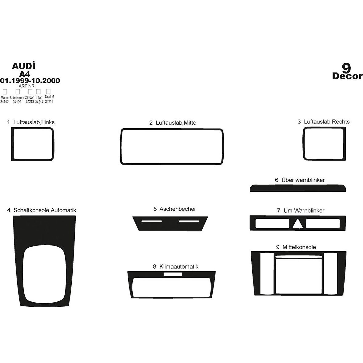Meriç® Audi A4 Ön Torpido Kaplama 9 Parça 1999-2000