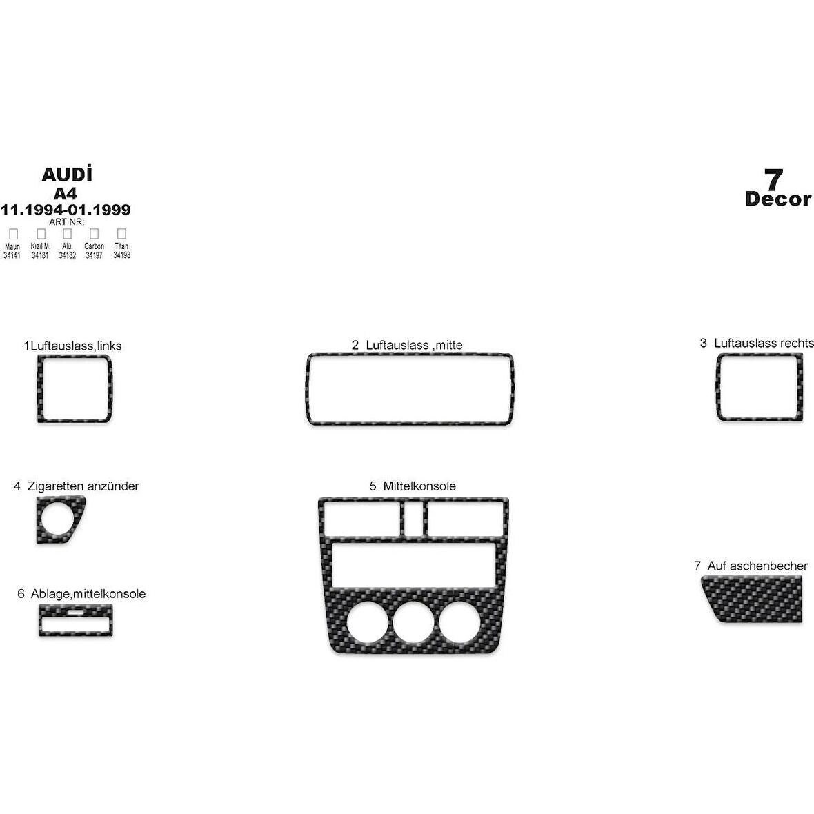 Meriç® Audi A4 Ön Torpido Kaplama 7 Parça 1994-1999