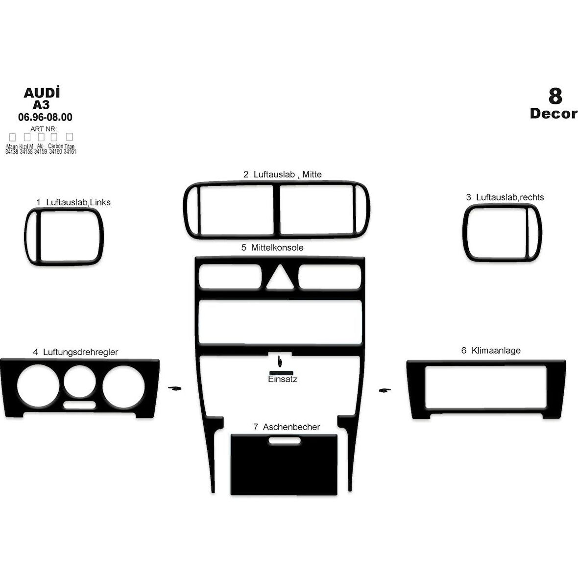 Meriç® Audi A3 Ön Torpido Kaplama 8 Parça 1996-2000