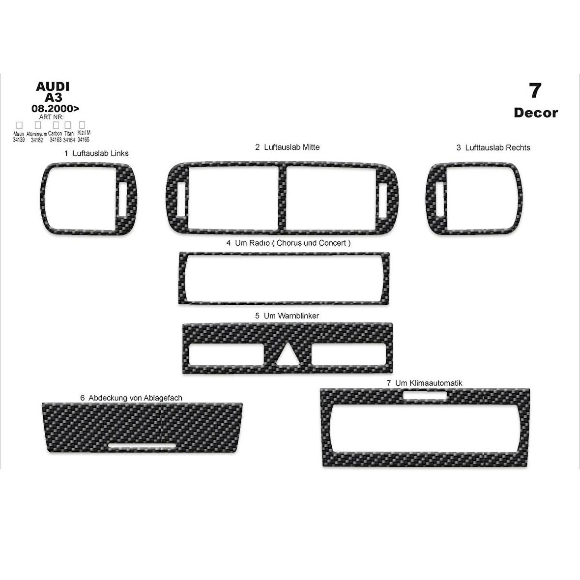 Meriç® Audi A3 Ön Torpido Kaplama 7 Parça 2000-2003