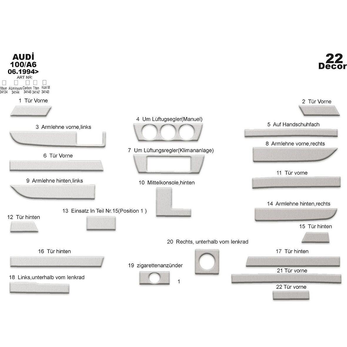 Meriç® Audi 100 A6 Ön Torpido Kaplama 22 Parça 1994-1997