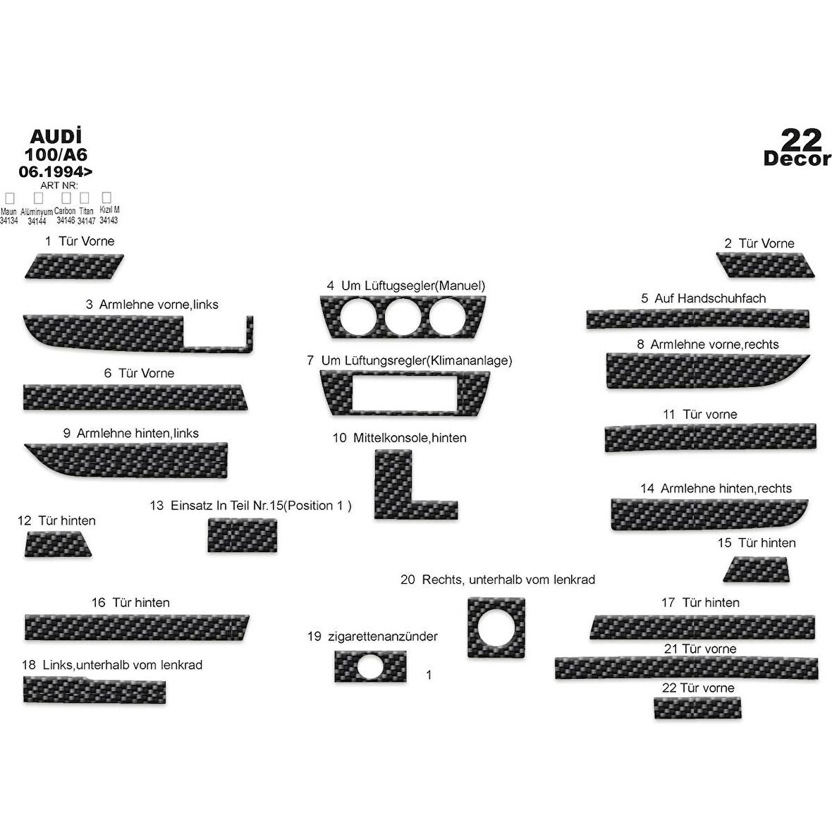 Meriç® Audi 100 A6 Ön Torpido Kaplama 22 Parça 1994-1997