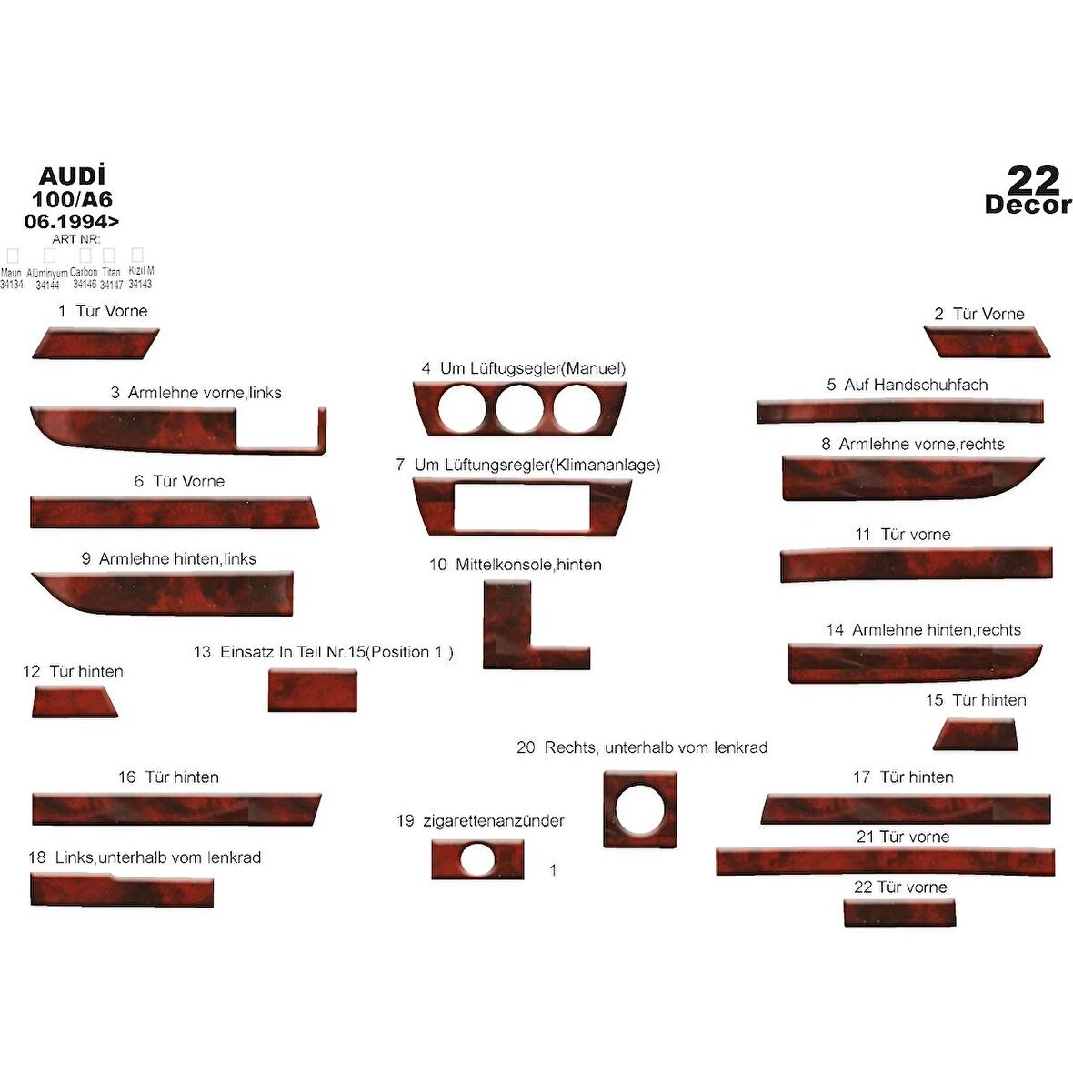 Meriç® Audi 100 A6 Ön Torpido Kaplama 22 Parça 1994-1997