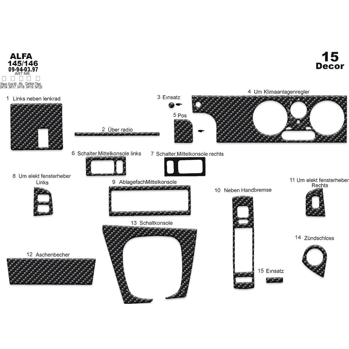 Meriç® Alfa 145/146 Ön Torpido Kaplama 15 Parça 1994-1997