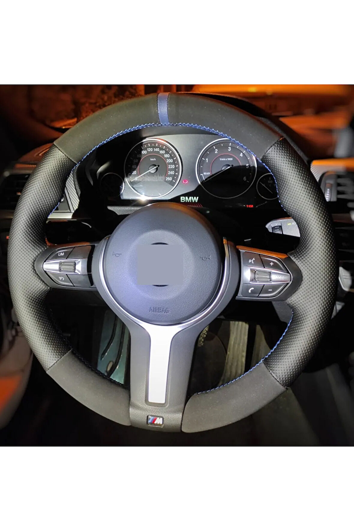 Bmw 3.18 Nokta Nubuk Mavi Yüzüklü Dikmeli Direksiyon Kılıfı