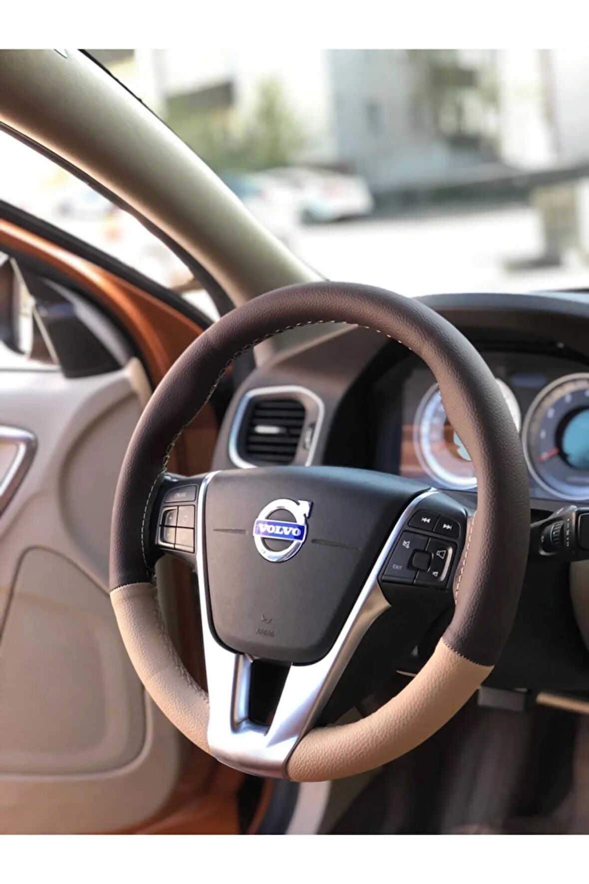 Kahverengi Bej Kombin Oto Direksiyon Kılıfı