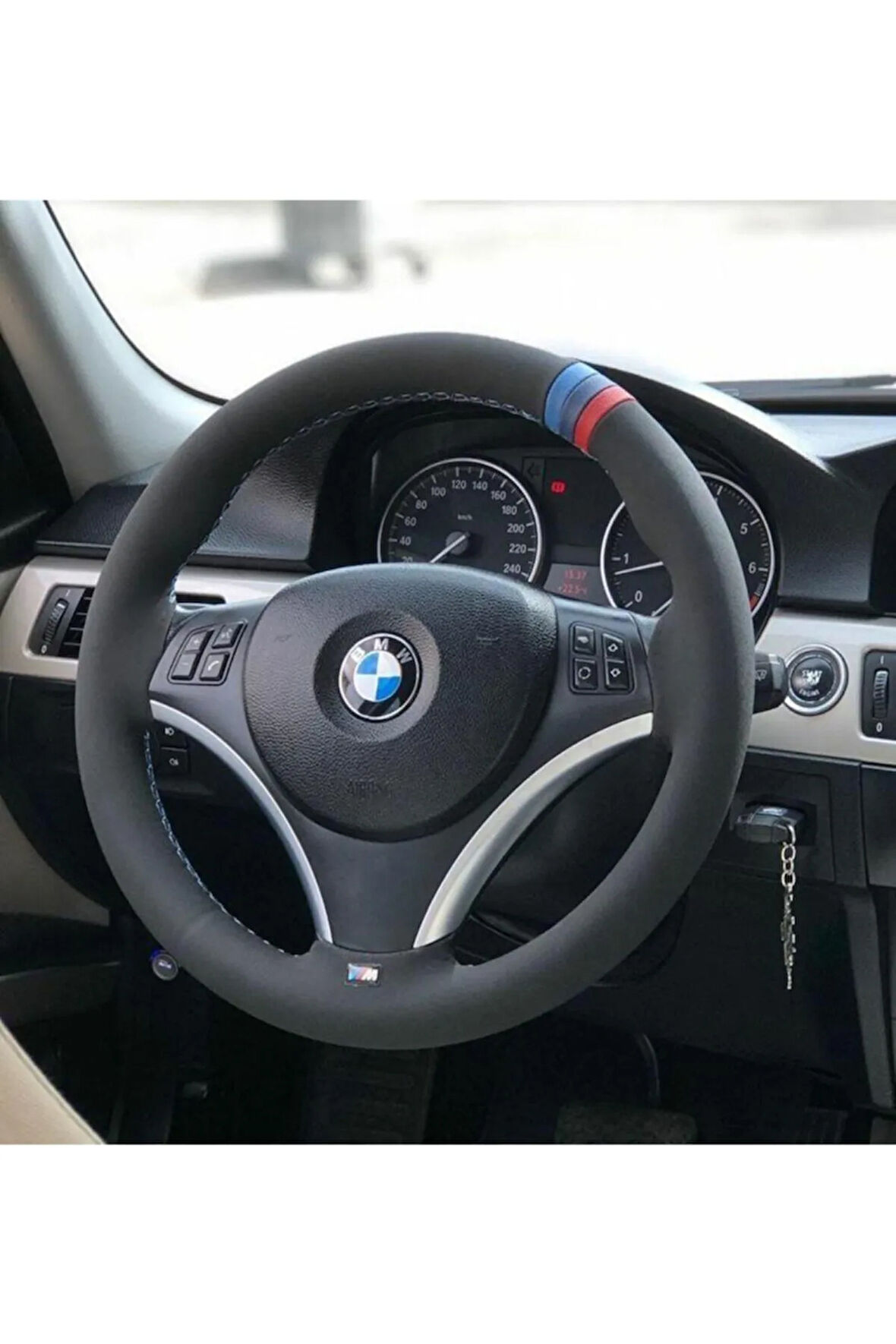 Bmw-m Çizgili Nubuk Direksiyon Kılıfı Ve Nubuk Oto Araba Araç Seyahat Boyun Yastığı