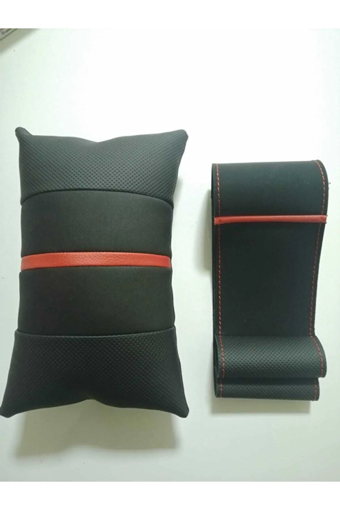 Kırmızı Yüzüklü Nubuk-noktalı Deri Direksiyon Kılıfı Ve Arac Seyahat Araba Oto Boyun Yastığı