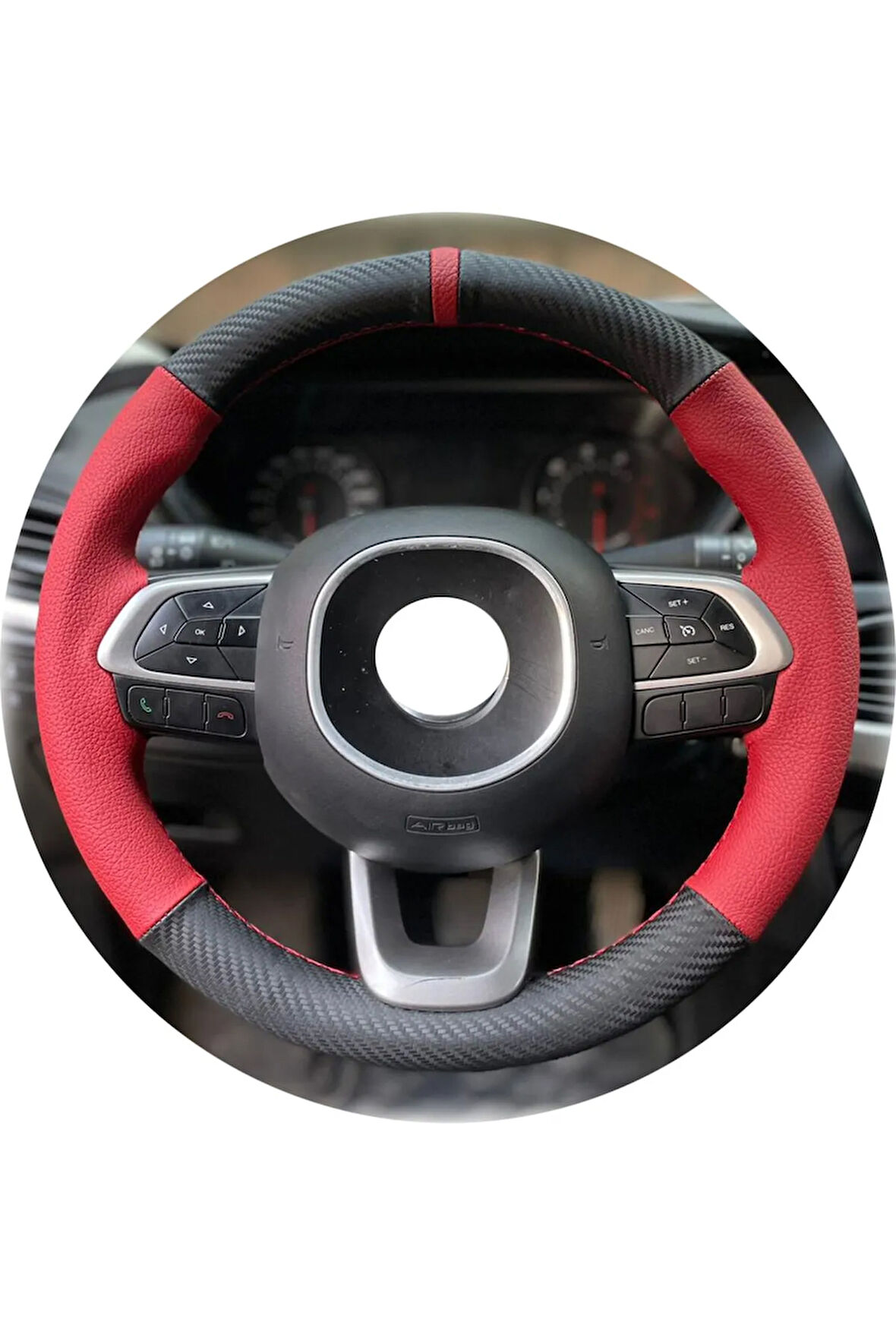 Fiat Palio Dikmeli Çift Renk Kırmızı Yüzüklü Kombin Deri Direksiyon Kılıfı