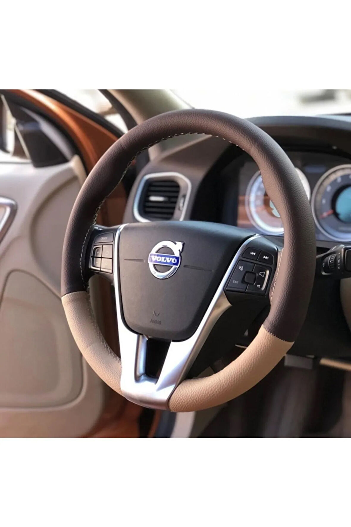 Volvo S60 Uyumlu Kahve Bej Deri Direksiyon Kılıfı