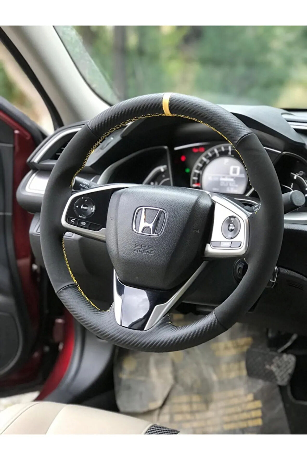 Honda Cıvıc Fc5 Araç Için Sarı Yüzüklü Karbon Nubuk Deri Araç Direksiyon Kılıfı