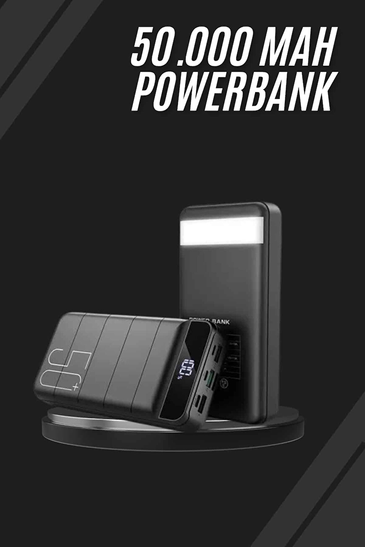 Taşınabilir Powerbank 50.000 mAh 4 Girişli Hızlı Şarj Led Göstergeli Fenerli 