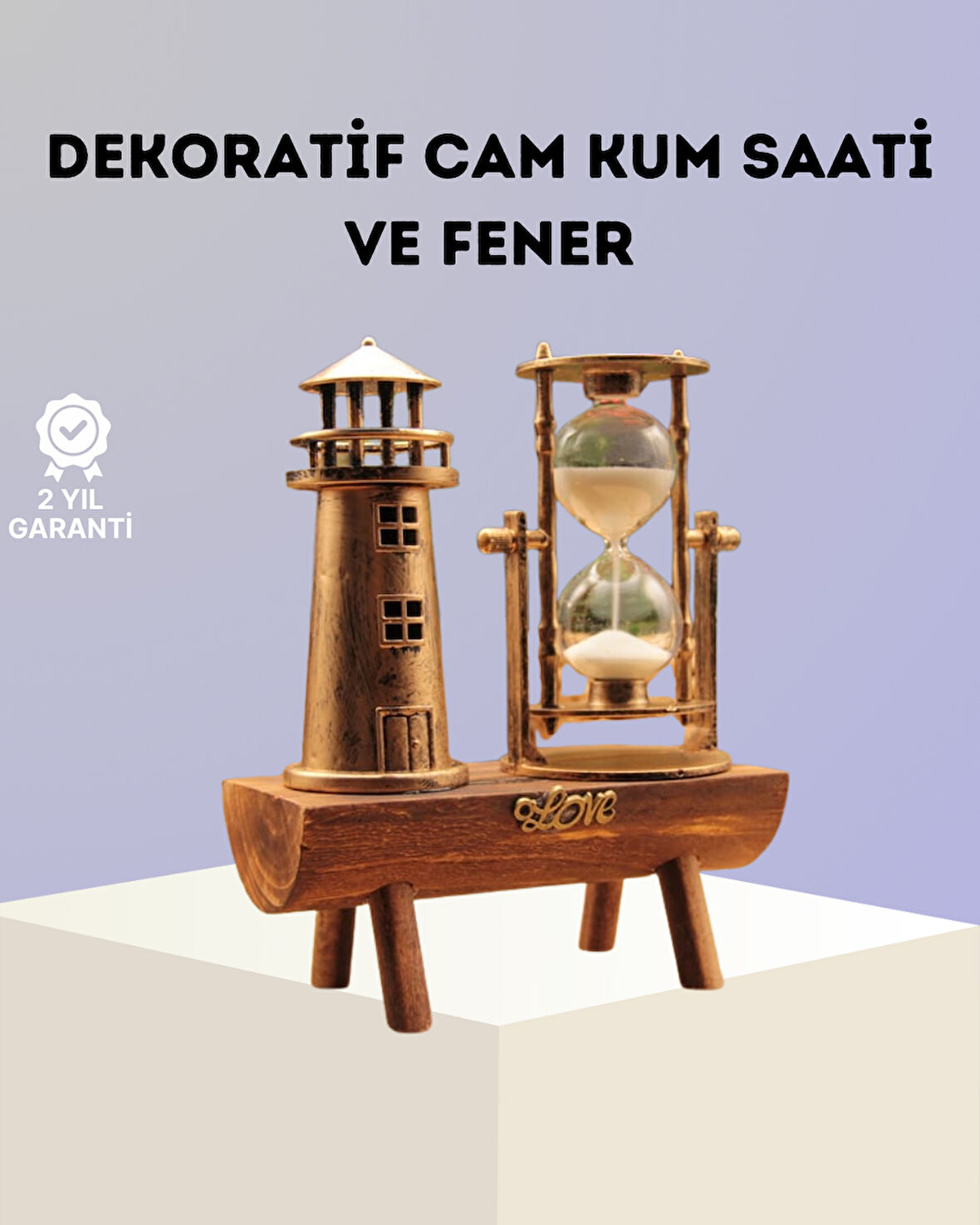 Dekoratif Ahşap Kum Saati ve Deniz Feneri Figürlü Masa Süsü – Şık ve Fonksi