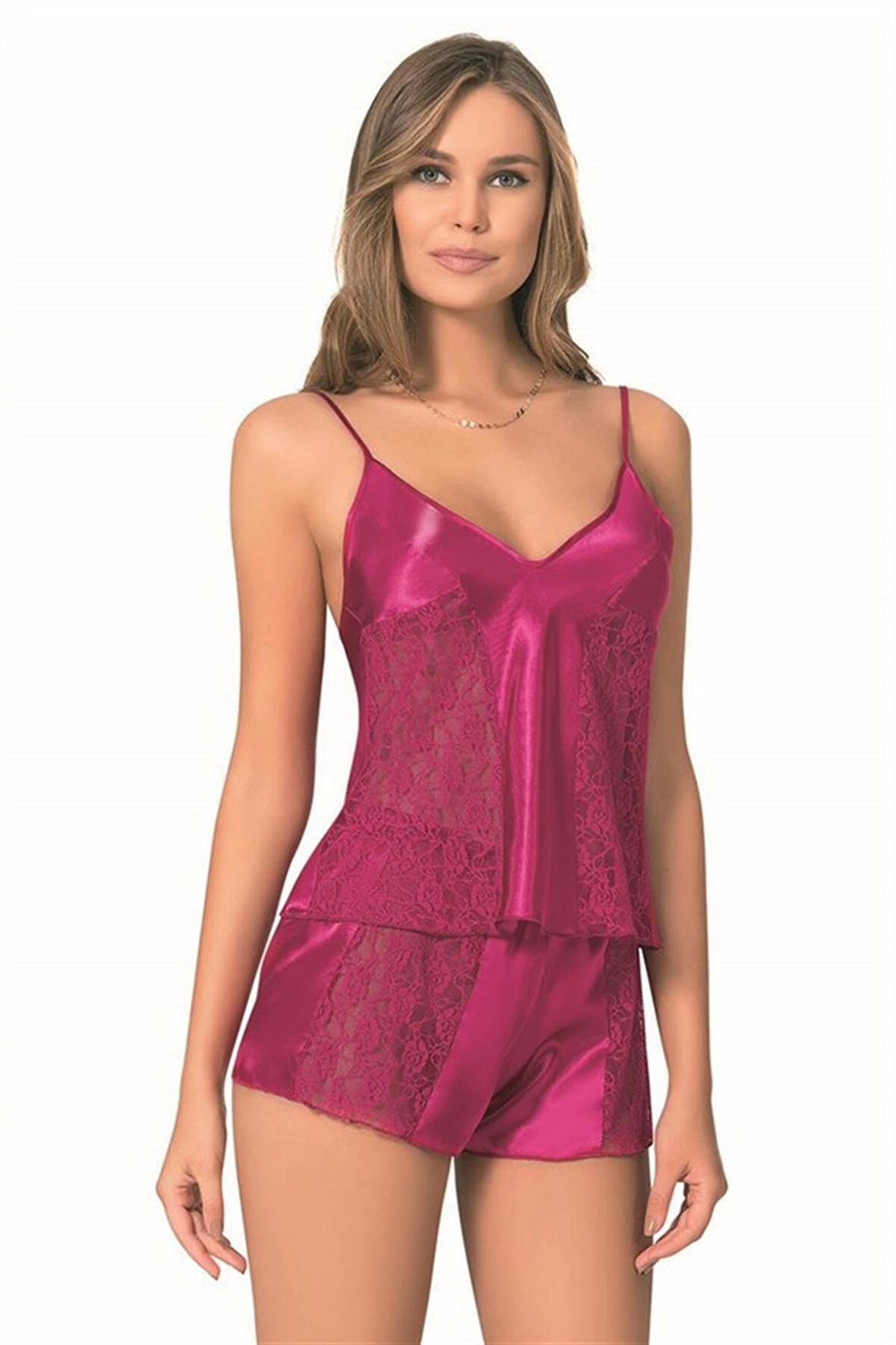 Markano  Vişne Saten Babydoll Şort Takımı
