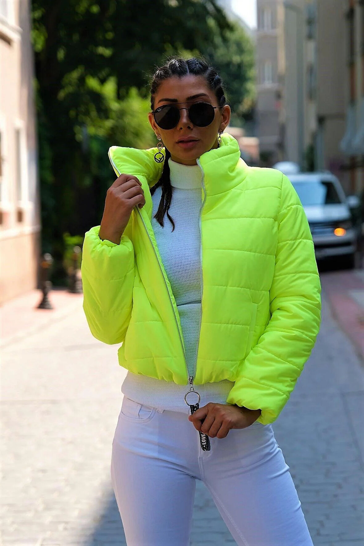 Markano Neon Yeşil Dik Yaka Su Geçirmez Kısa Şişme Mont