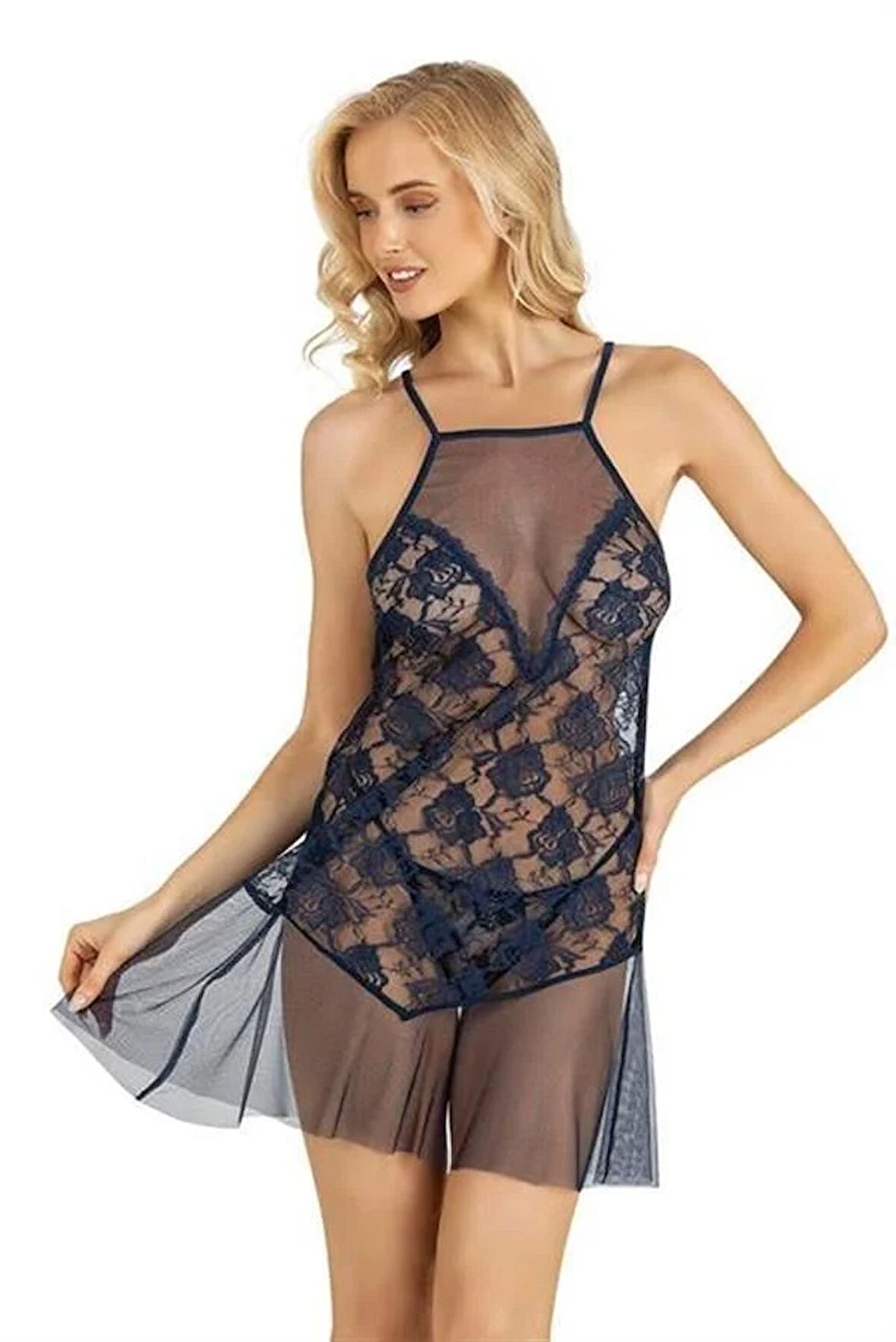 Markano  Lacivert Kısa Tül Gecelik 