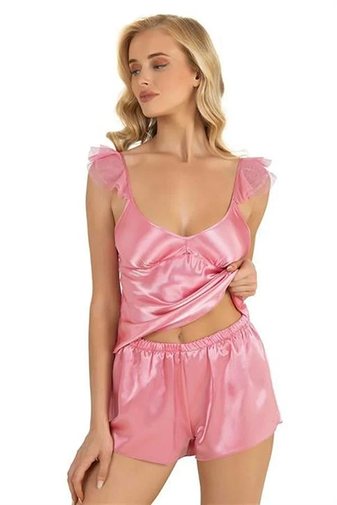 Markano  Pembe Saten Şort Takımı 