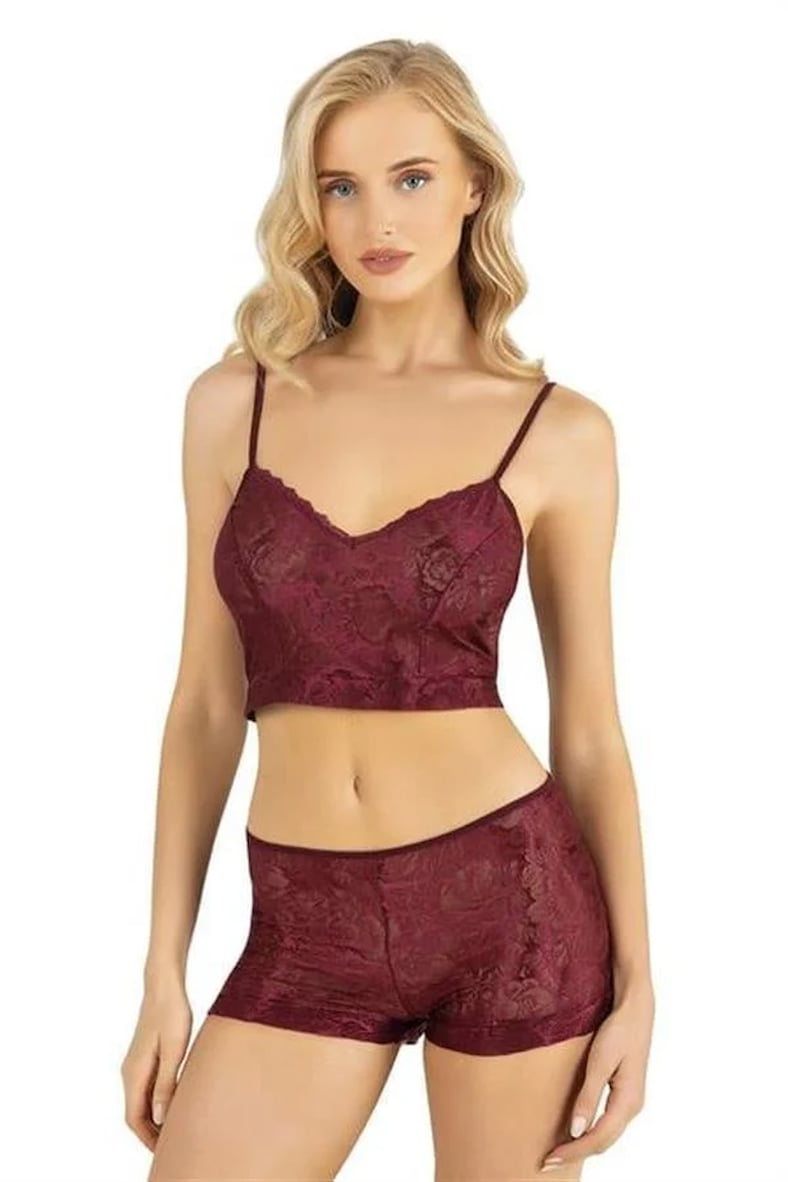 Markano  Bordo Saten Şort Takımı 