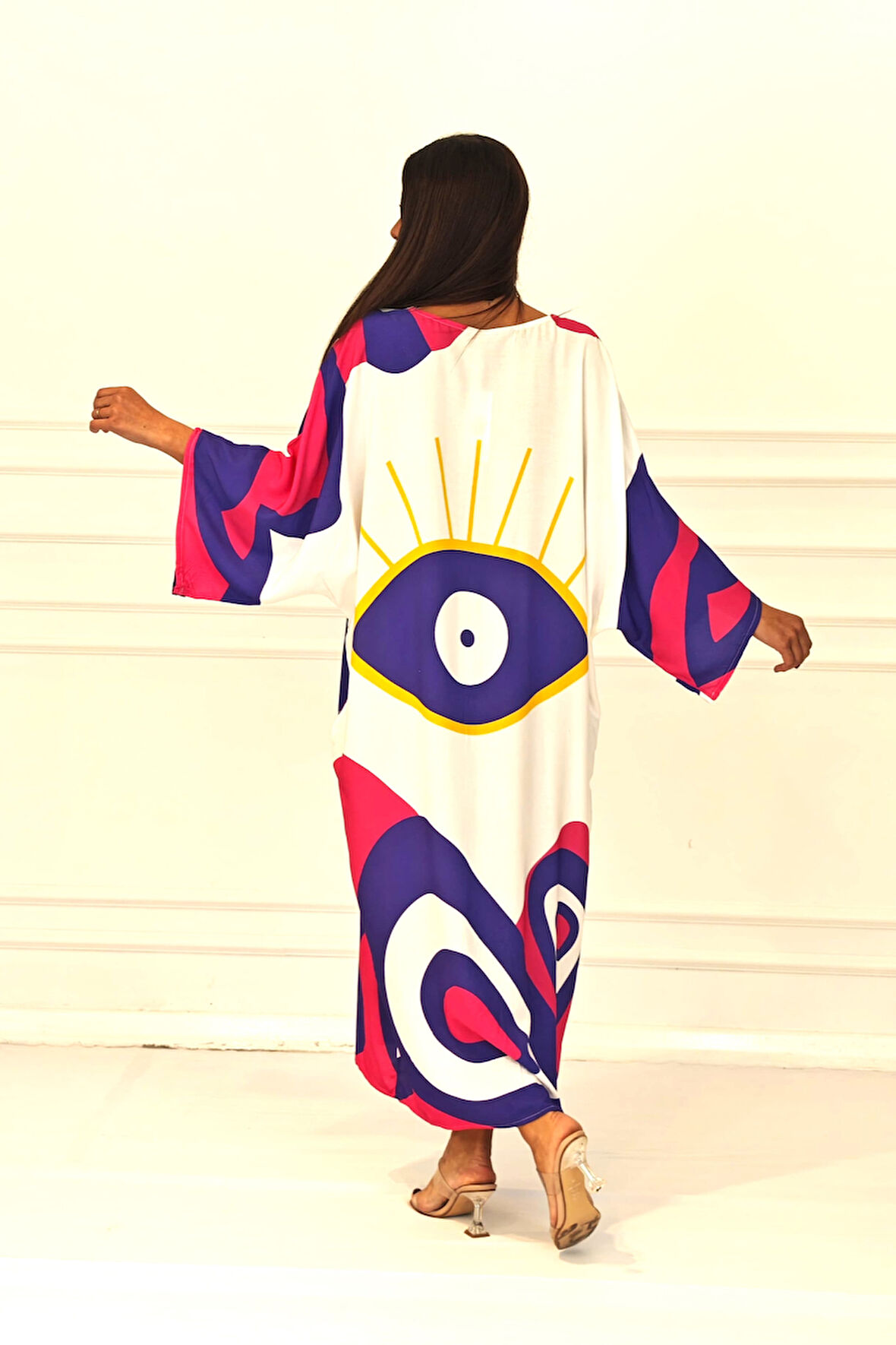 Markano Fuşya Desenli Sırtı Göz Baskılı Cepli Oversize Uzun Gömlek Elbise