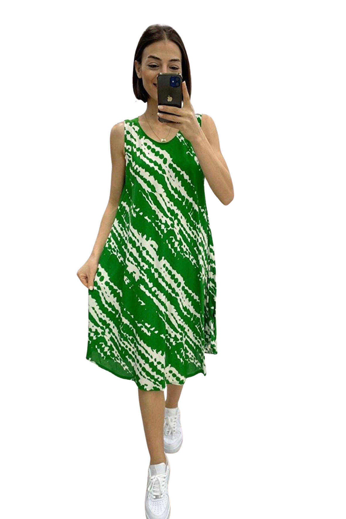 Markano Yeşil Desenli Kalın Askılı Midi Elbise