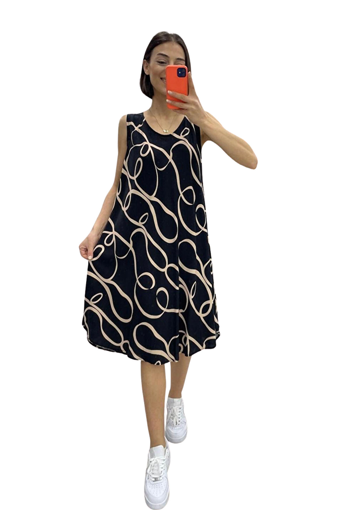 Markano Siyah Bej Desenli Kalın Askılı Midi Elbise