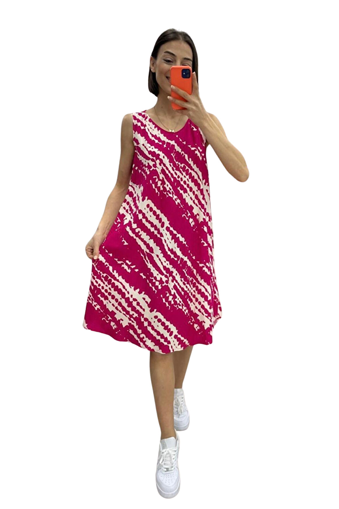 Markano Fuşya Çizgi Desenli Kalın Askılı Midi Elbise