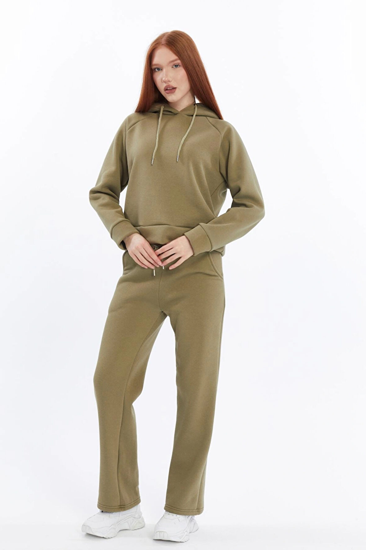 Kadın Üç Iplik Kapüşonlu Örme Haki Eşofman Takımı