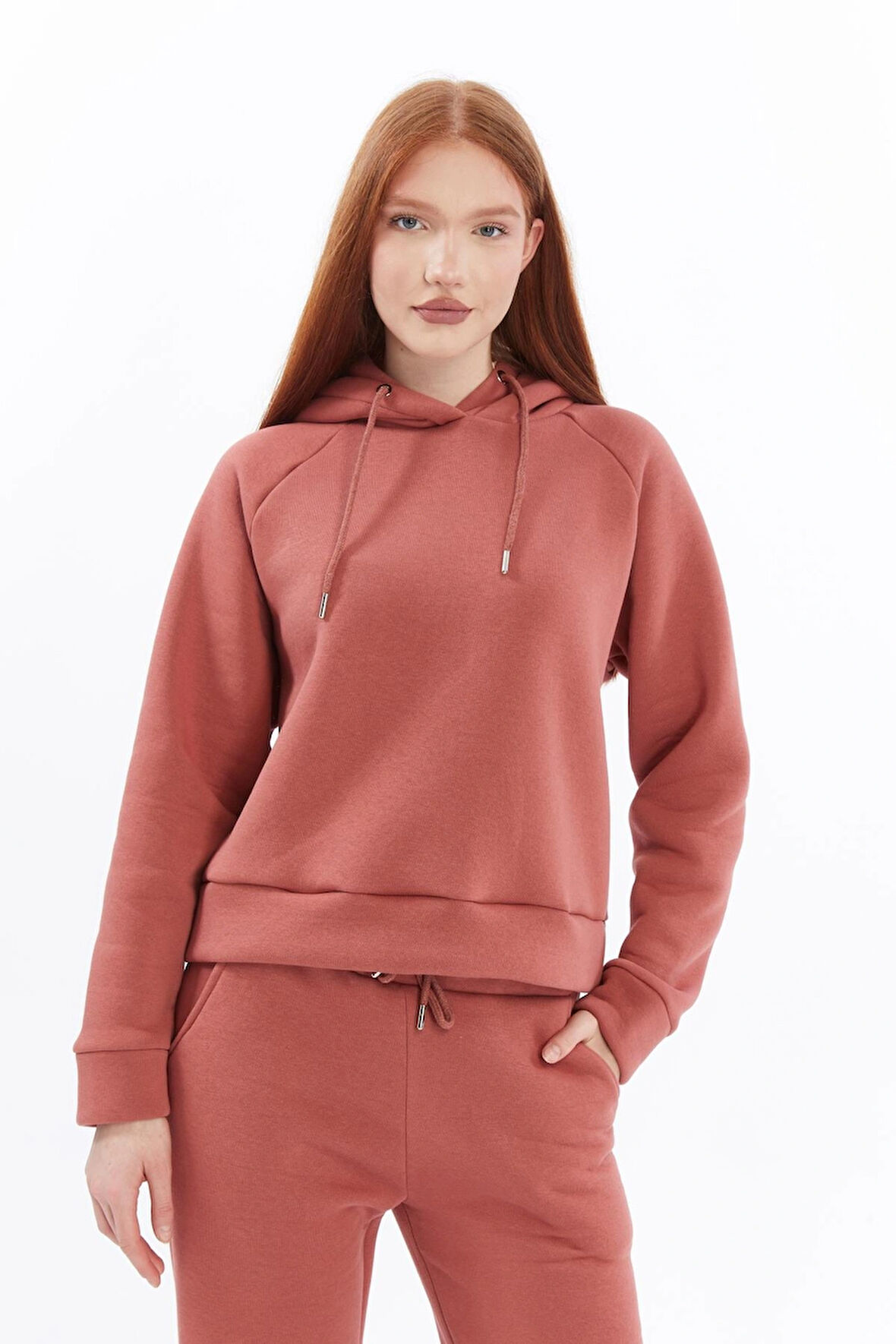 Kadın Üç Iplik Kapüşonlu Örme Gül Kurusu Eşofman Takımı