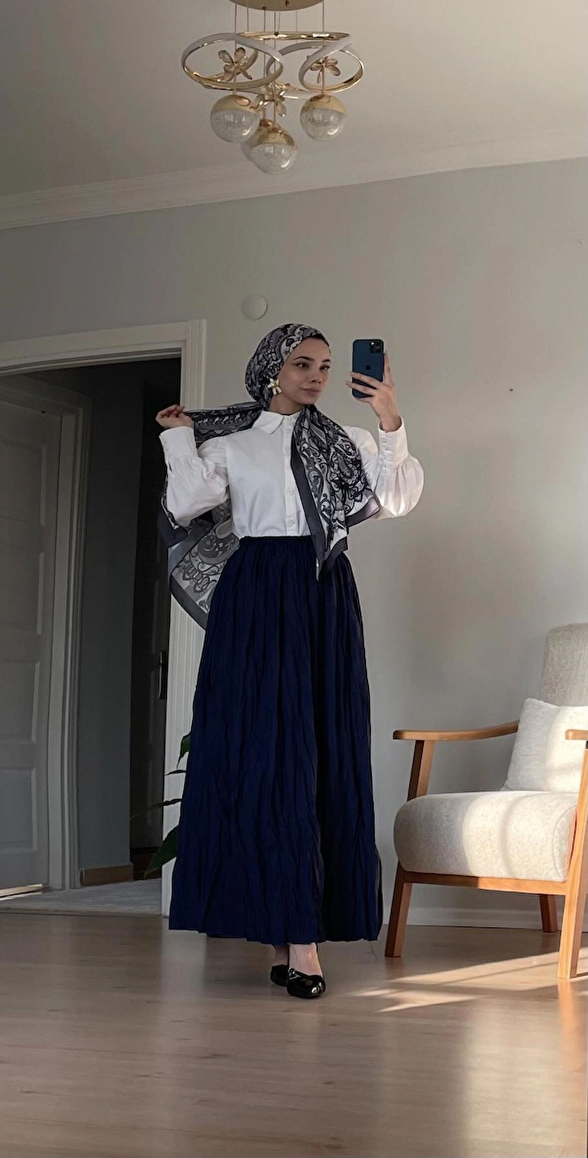 Kadın Beli Lastikli Lacivert Kırışık Etek