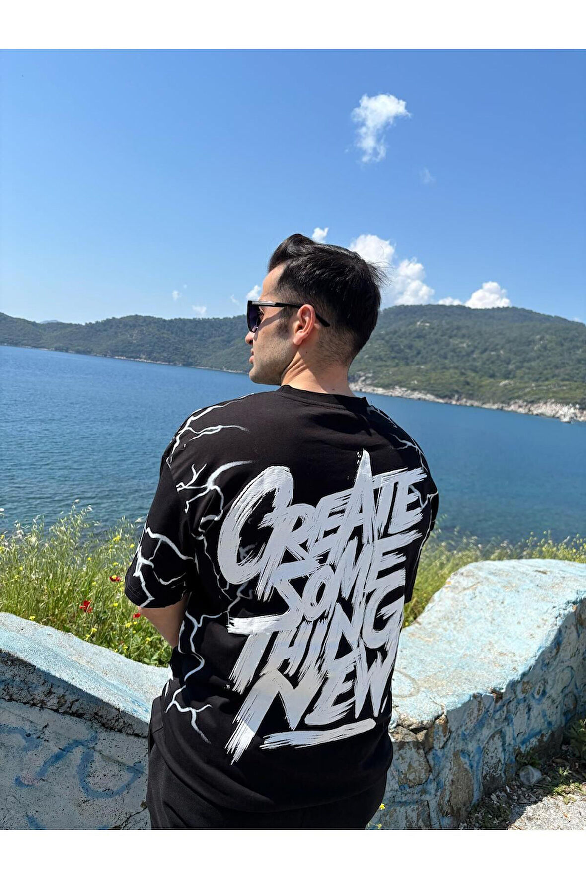 Erkek Bisiklet Yaka Oversize Baskılı T-shirt