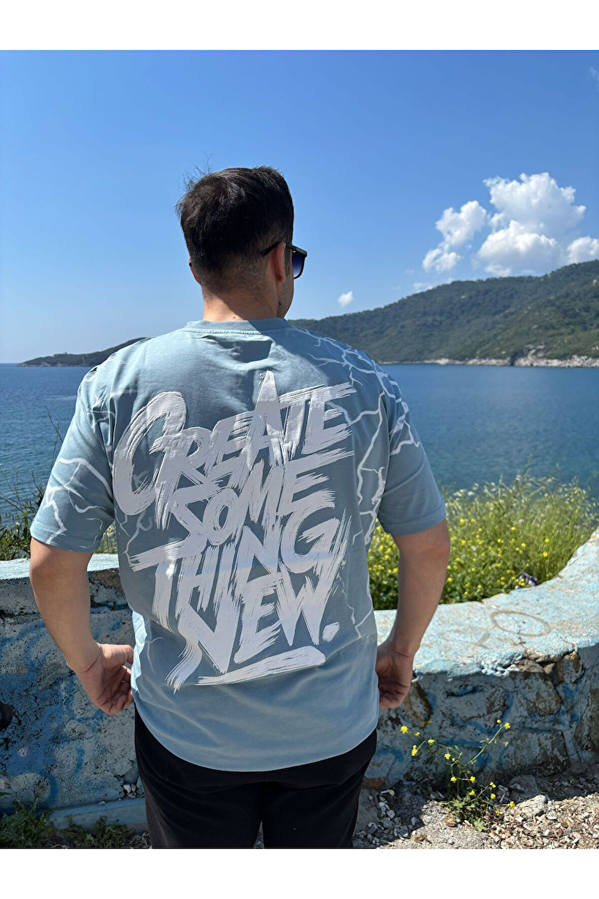 Erkek Bisiklet Yaka Oversize Baskılı T-shirt