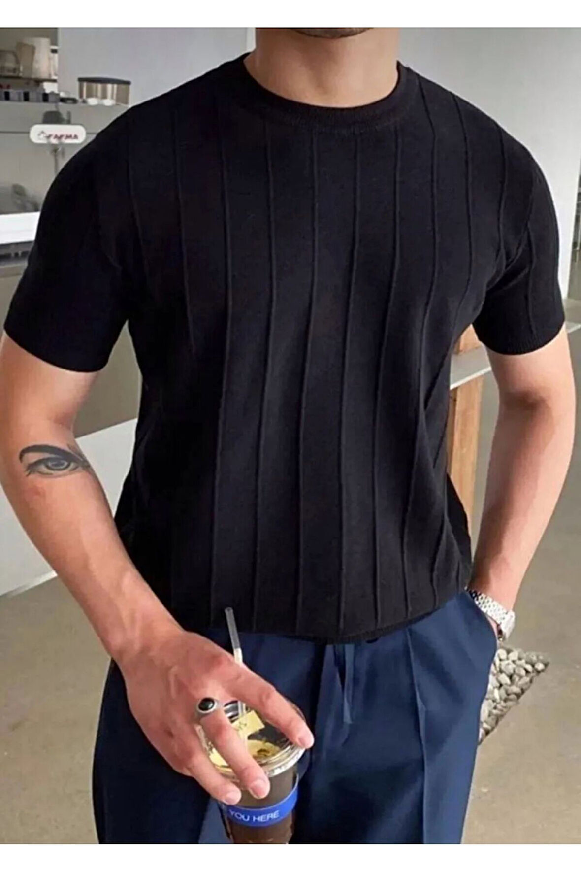 Erkek Bisiklet Yaka Örme T-shirt