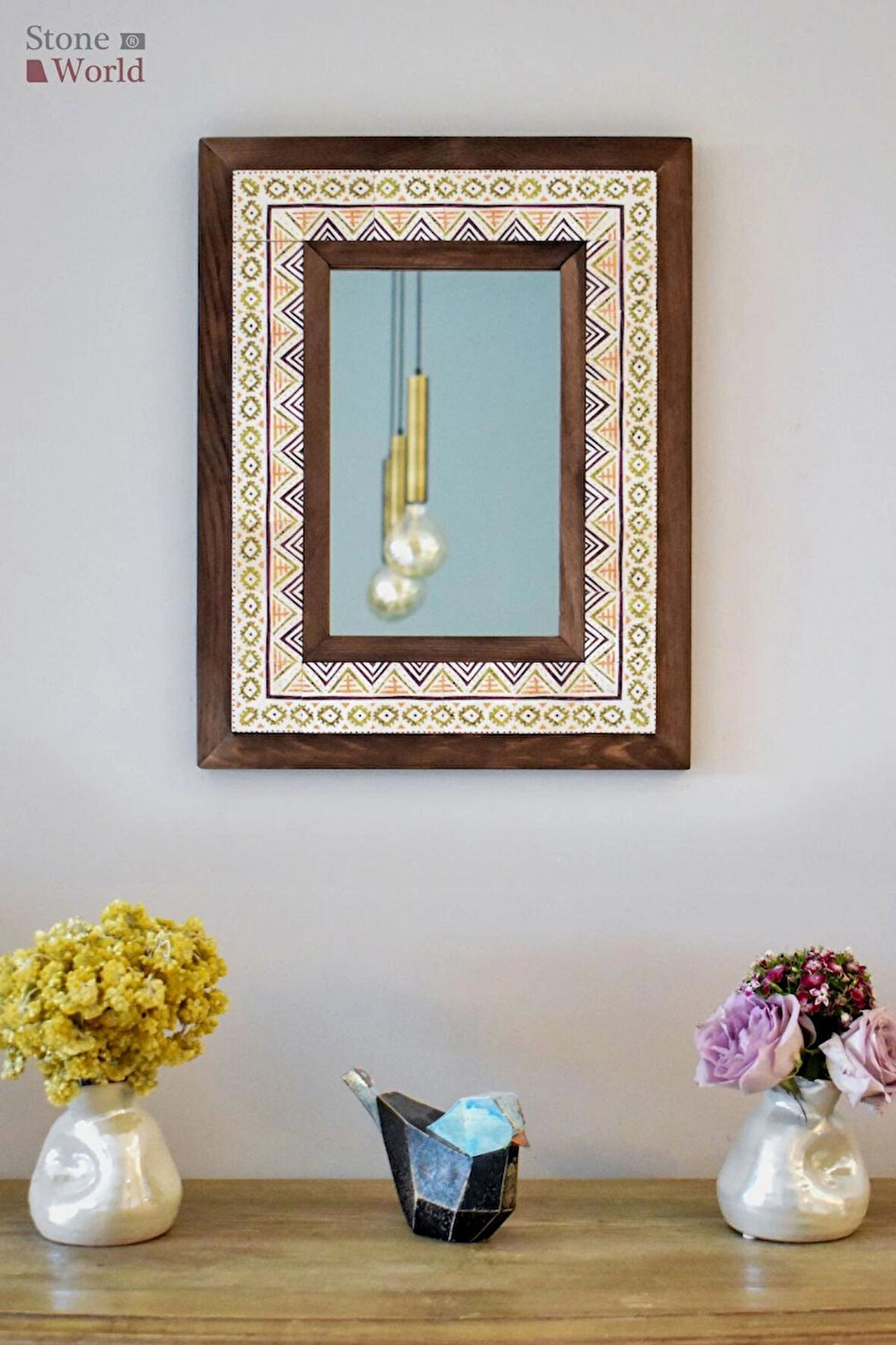 Etnik Temalı - Desenli Mermer Dekoratif Ayna - 34x44 cm - 008.1