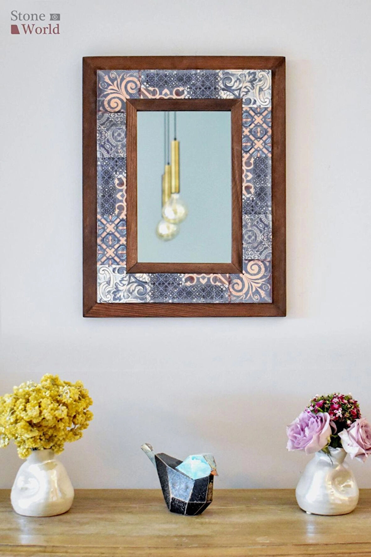 Vintage Temalı - Desenli Mermer Dekoratif Ayna - 34x44 cm - 031.1