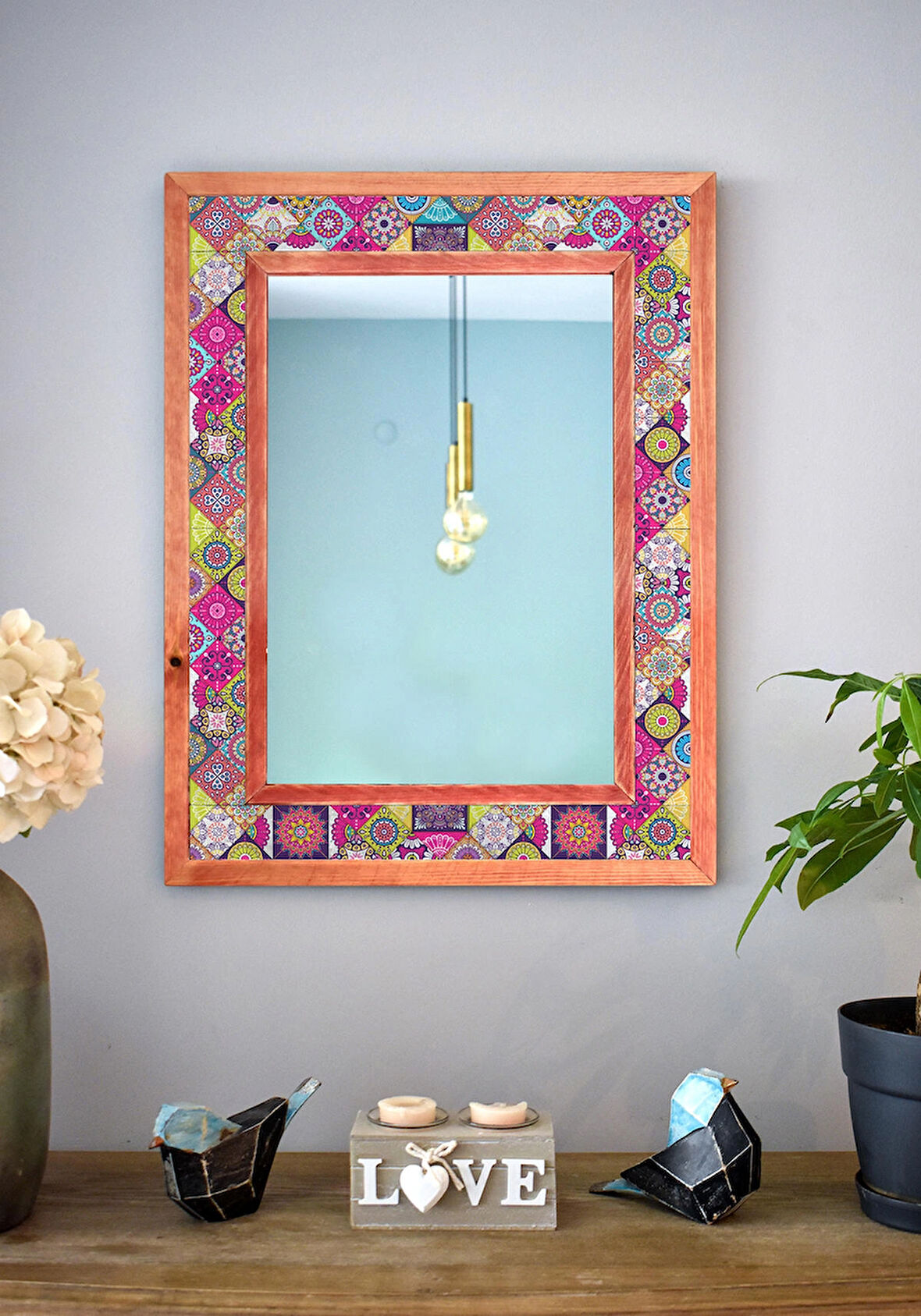 El Yapımı, Mandala Temalı, Masif Ahşap Ve Desenli Mermerden Dekoratif Ayna - 48x63cm - 021.1