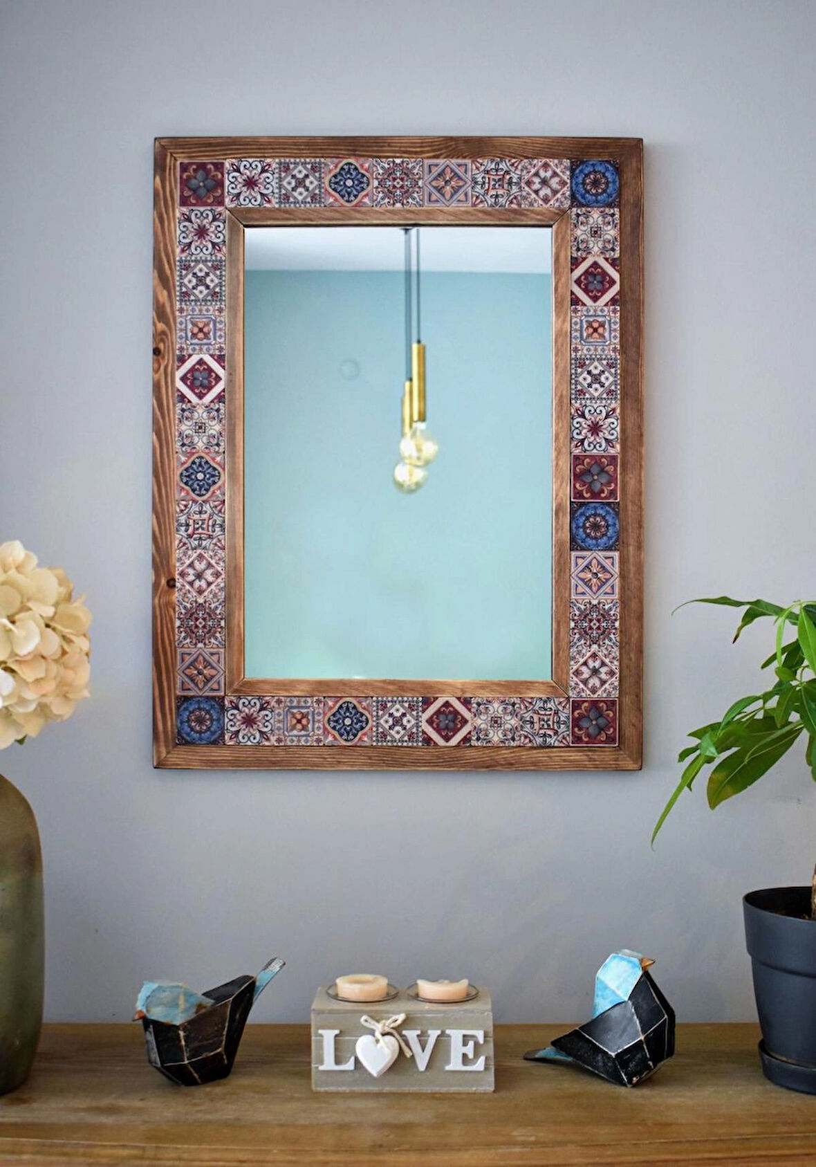 El Yapımı, Patchwork Temalı, Masif Ahşap Ve Desenli Mermerden Dekoratif Ayna - 48x63cm - 068.1