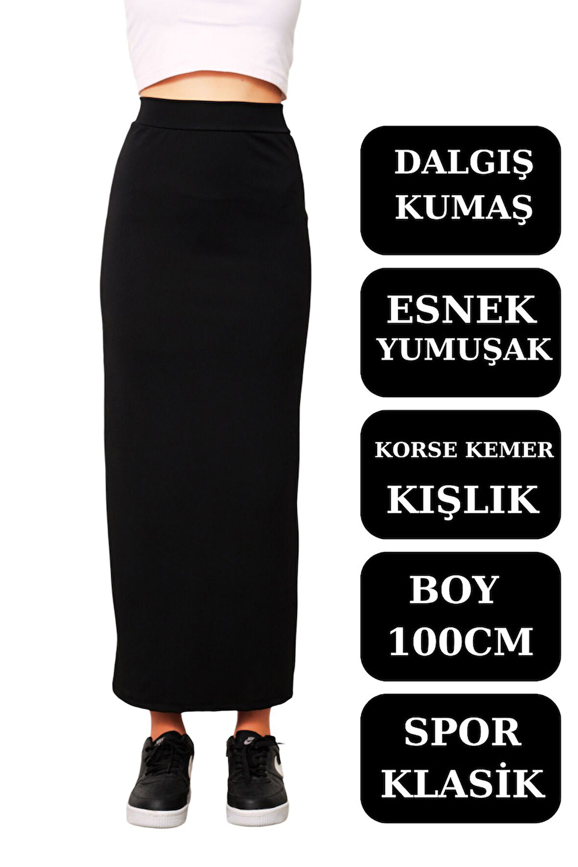 Uzun Spor Kalem Etek  Dalgıç Kumaş Esnek Etek Maxi Boy 100cm