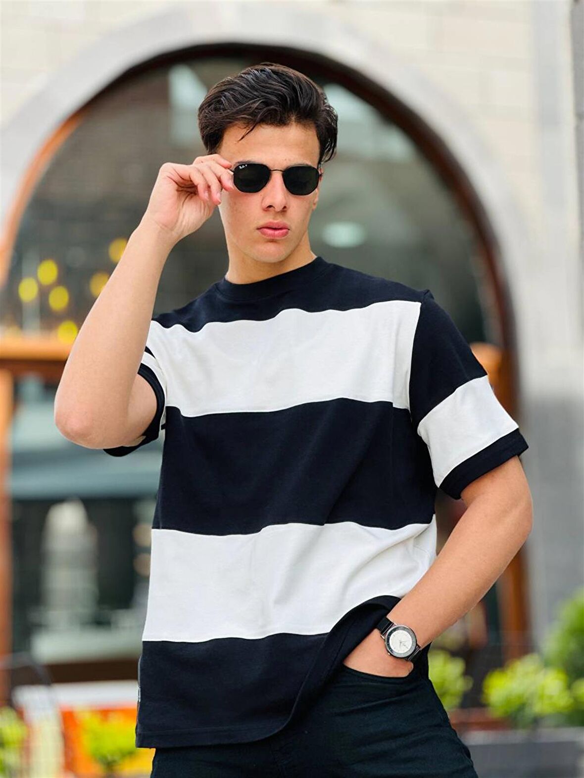 Miron İki Renk Kısa Kollu Tişört Oversize-Siyah-Beyaz