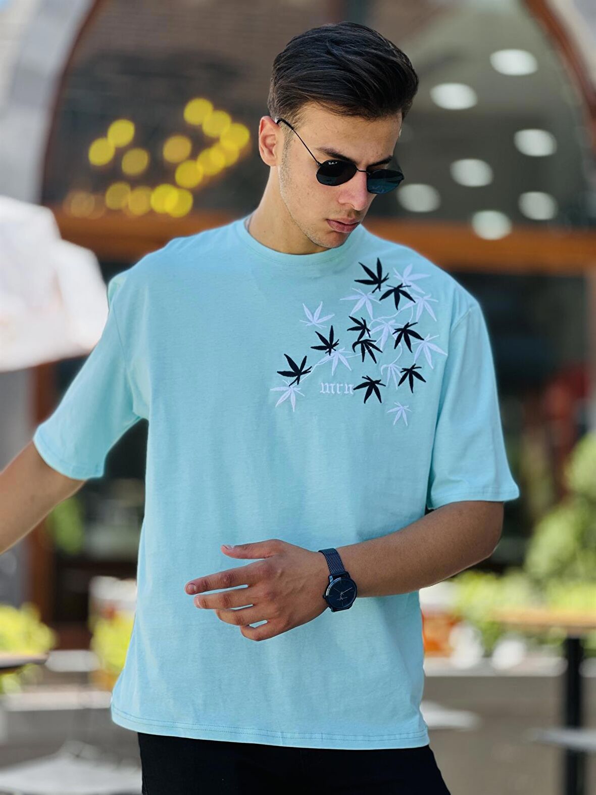 Miron Yaprak Nakışlı Kısa Kollu Tişört Oversize-Su Yeşili