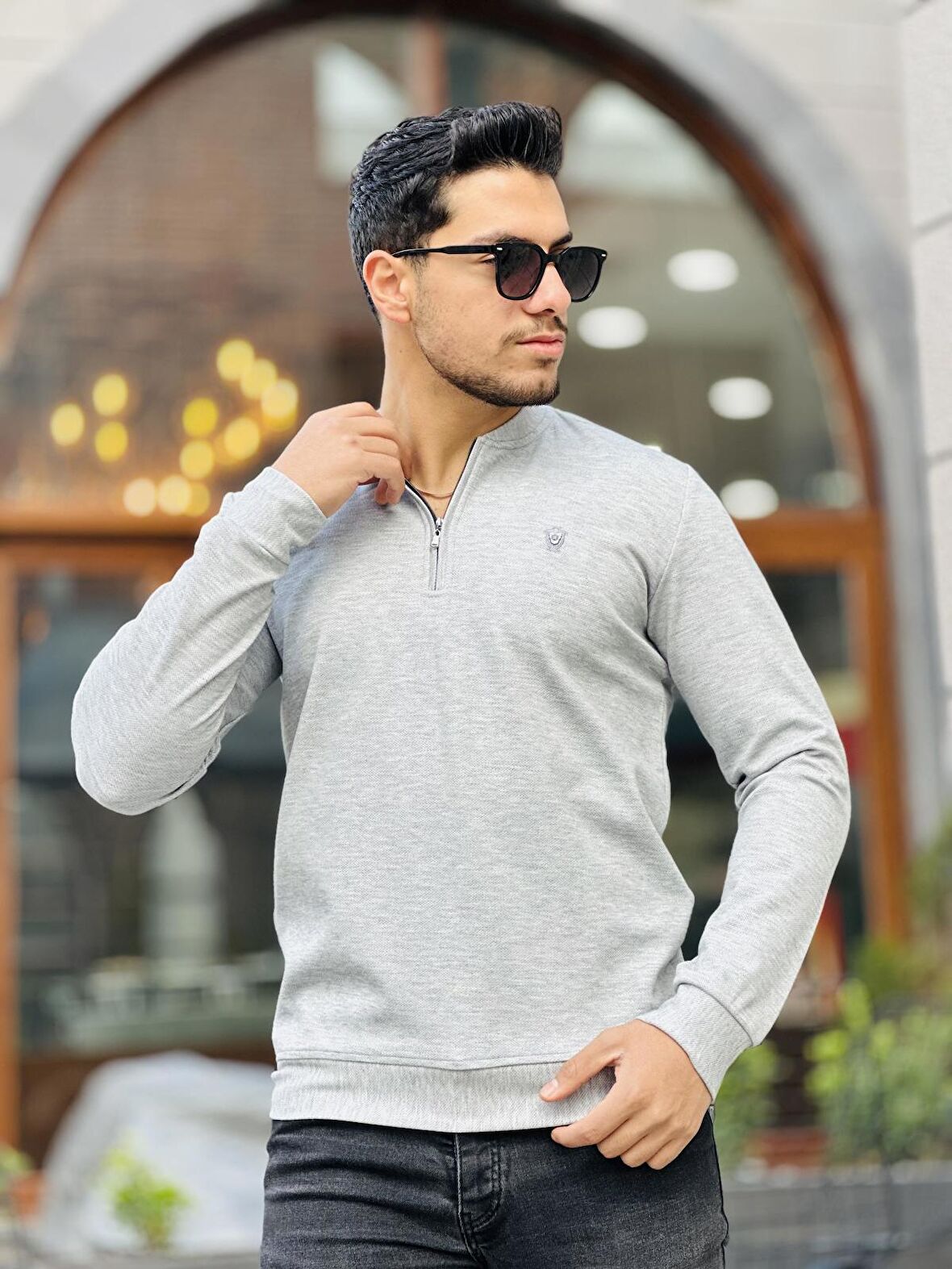 Yarım Fermuarlı Kolej Yaka Sweatshirt Regular Fit-Gri