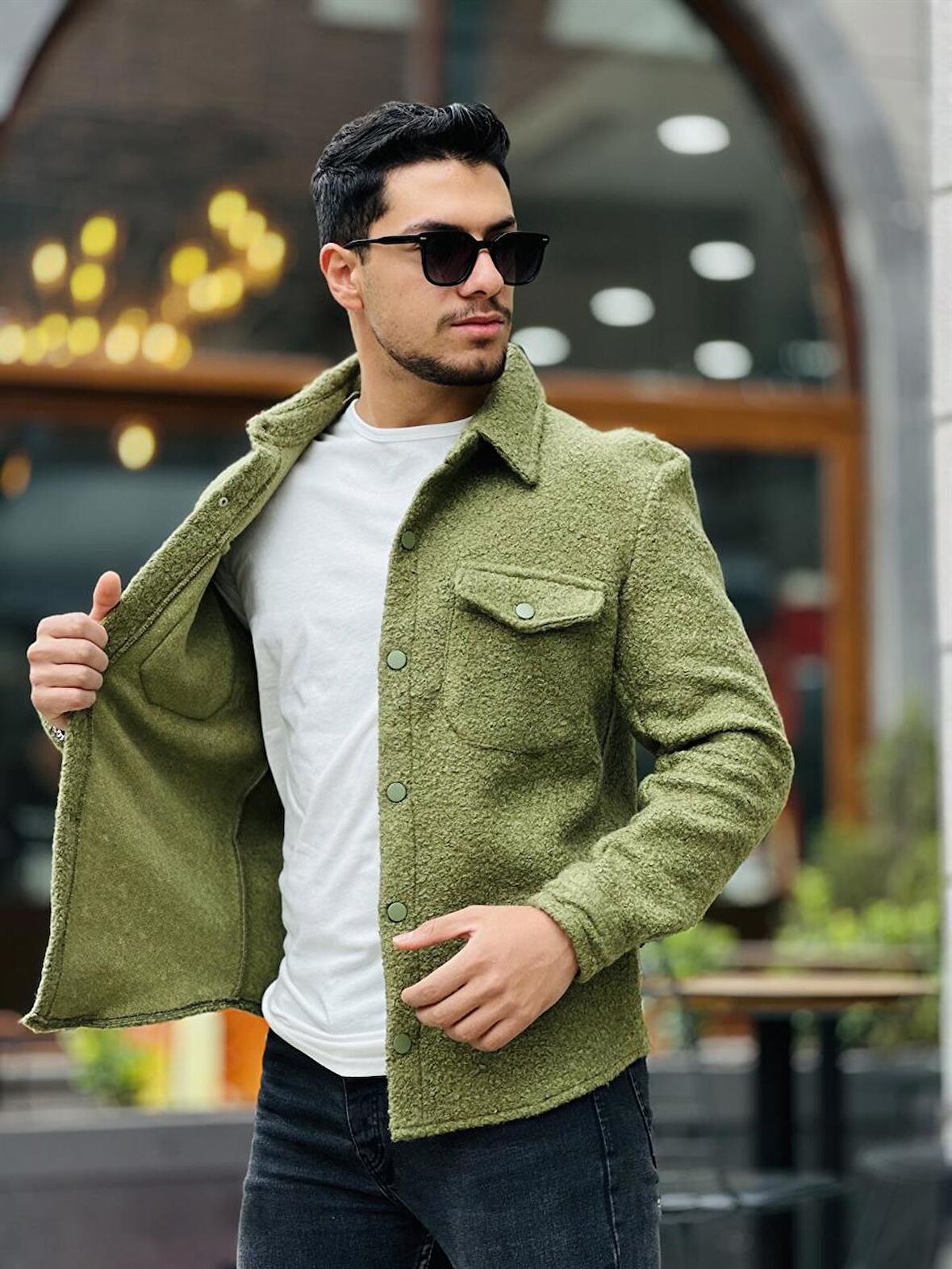 Miron Haki Kıvırcık Dokulu Kumaş Gömlek Yaka Cepli Regular Fit Ceket